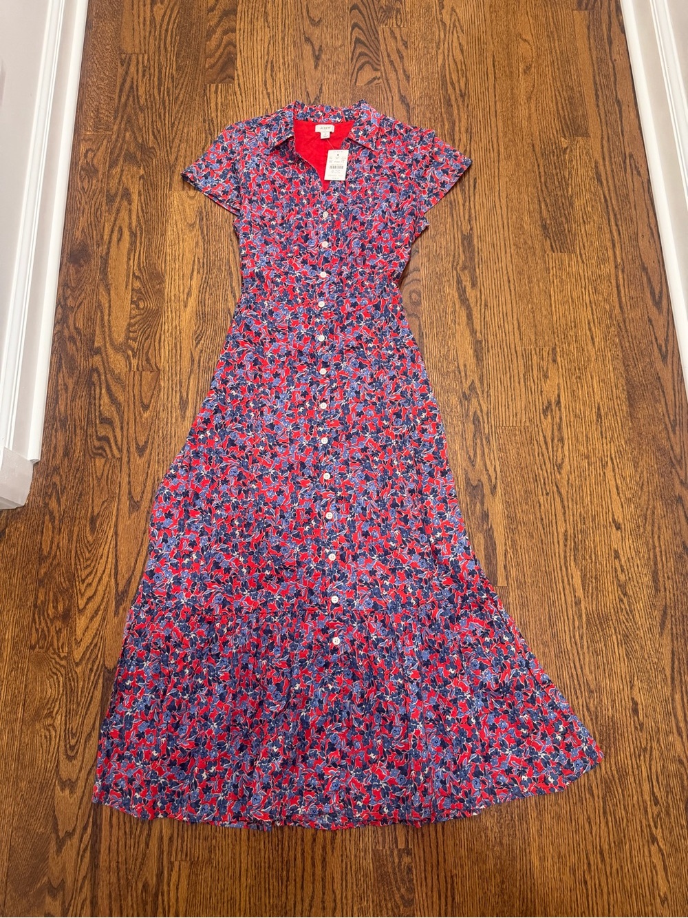 J. Crew Red and Blue Floral Button-Front Maxi Dress